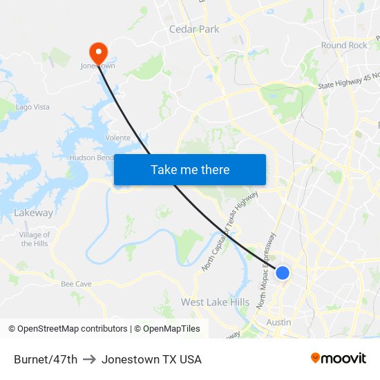 Burnet/47th to Jonestown TX USA map