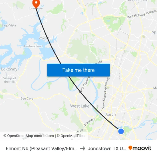 Elmont Nb (Pleasant Valley/Elmont) to Jonestown TX USA map