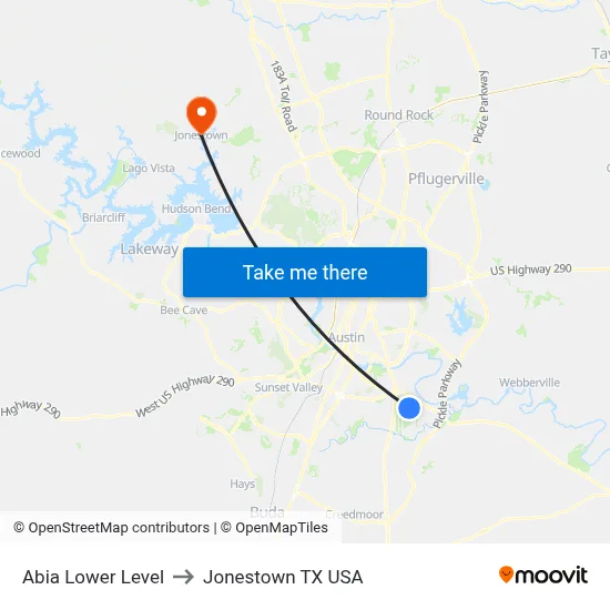 Abia Lower Level to Jonestown TX USA map