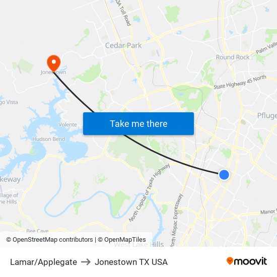 Lamar/Applegate to Jonestown TX USA map