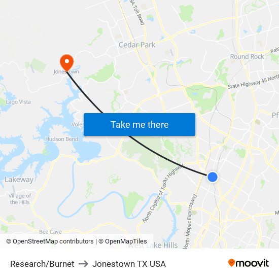 Research/Burnet to Jonestown TX USA map