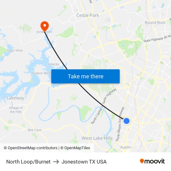 North Loop/Burnet to Jonestown TX USA map