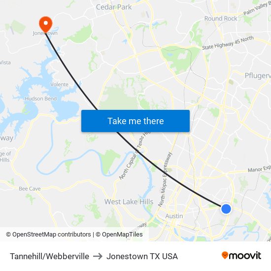 Tannehill/Webberville to Jonestown TX USA map