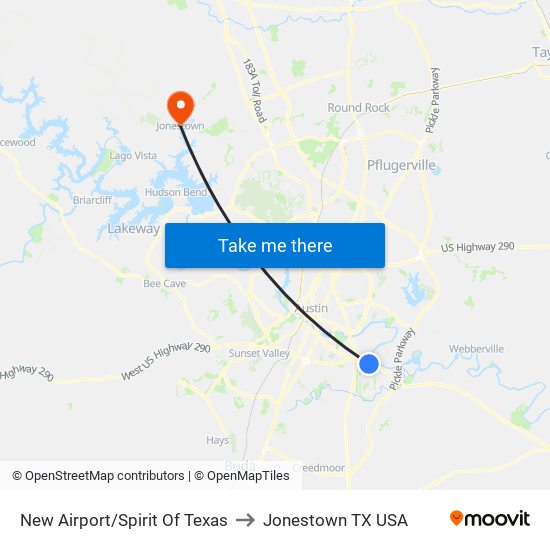 New Airport/Spirit Of Texas to Jonestown TX USA map