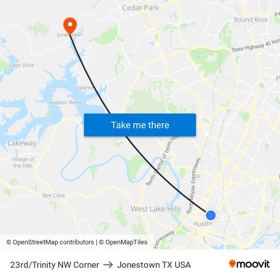 23rd/Trinity NW Corner to Jonestown TX USA map