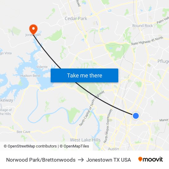 Norwood Park/Brettonwoods to Jonestown TX USA map