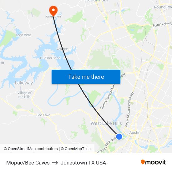 Mopac/Bee Caves to Jonestown TX USA map