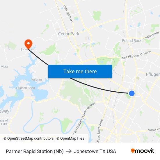 Parmer Rapid  Station (Nb) to Jonestown TX USA map