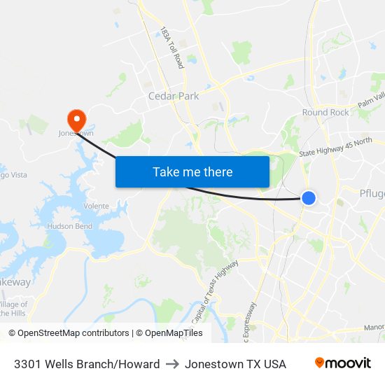3301 Wells Branch/Howard to Jonestown TX USA map