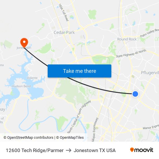 12600 Tech Ridge/Parmer to Jonestown TX USA map