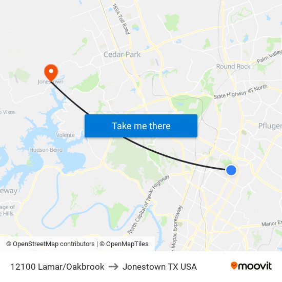 12100 Lamar/Oakbrook to Jonestown TX USA map