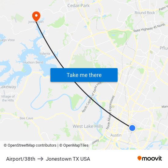 Airport/38th to Jonestown TX USA map