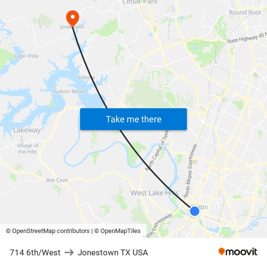 714 6th/West to Jonestown TX USA map