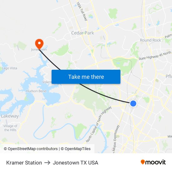 Kramer Station to Jonestown TX USA map