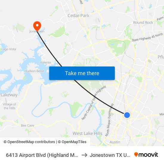 6413 Airport Blvd (Highland Mall) to Jonestown TX USA map