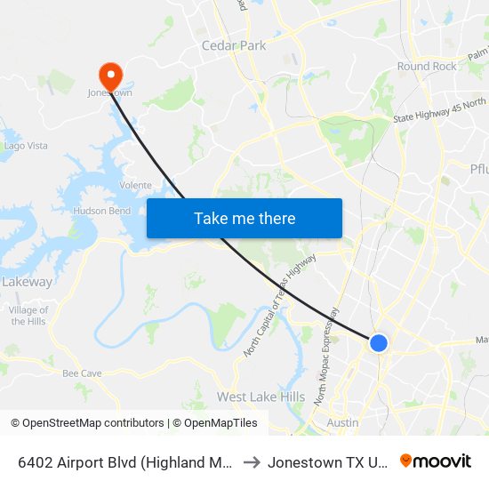 6402 Airport Blvd (Highland Mall) to Jonestown TX USA map