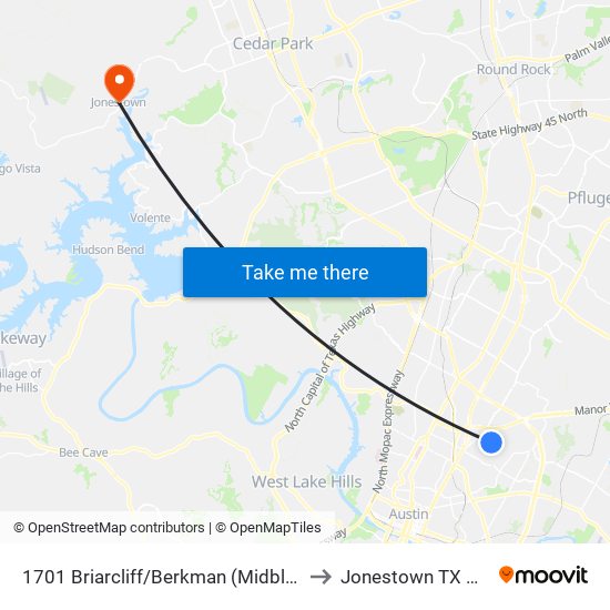 1701 Briarcliff/Berkman (Midblock) to Jonestown TX USA map