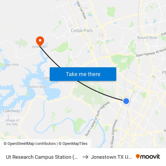 Ut Research Campus Station (Nb) to Jonestown TX USA map