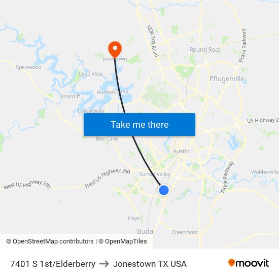 7401 S 1st/Elderberry to Jonestown TX USA map