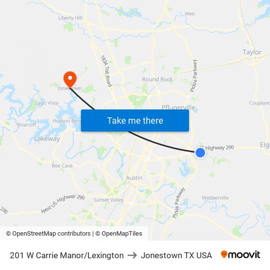 201 W Carrie Manor/Lexington to Jonestown TX USA map