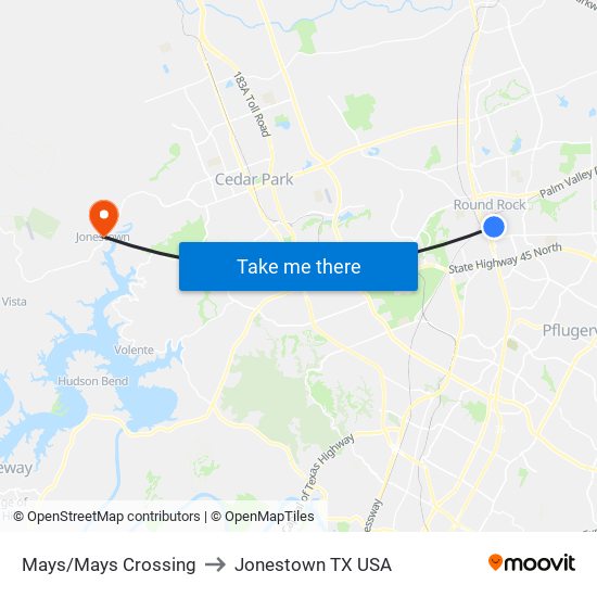 Mays/Mays Crossing to Jonestown TX USA map