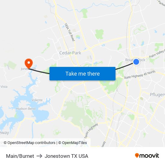 Main/Burnet to Jonestown TX USA map