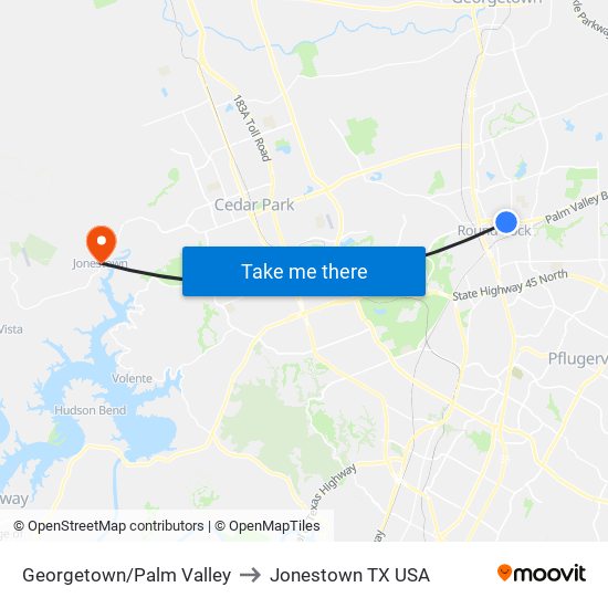 Georgetown/Palm Valley to Jonestown TX USA map