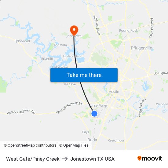 West Gate/Piney Creek to Jonestown TX USA map