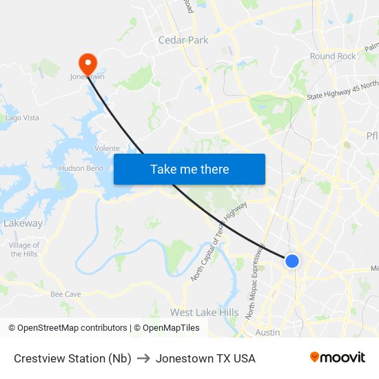 Crestview Station (Nb) to Jonestown TX USA map