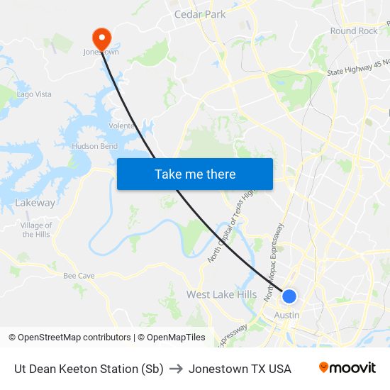 Ut Dean Keeton Station (Sb) to Jonestown TX USA map