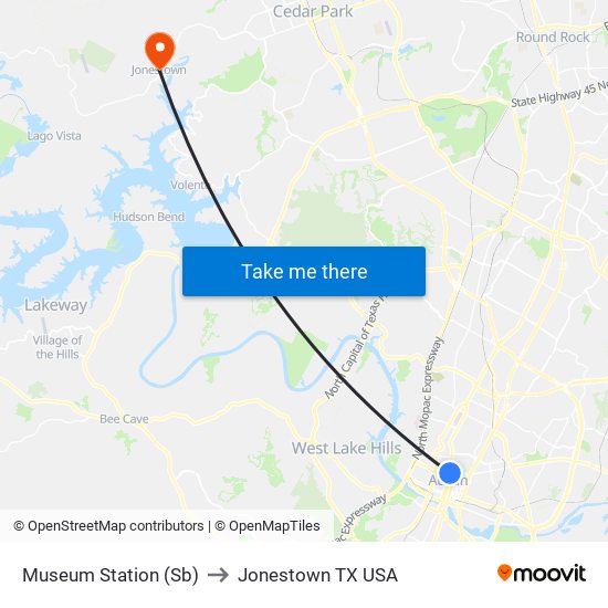 Museum Station (Sb) to Jonestown TX USA map