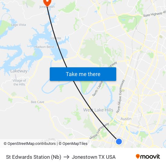 St Edwards Station (Nb) to Jonestown TX USA map