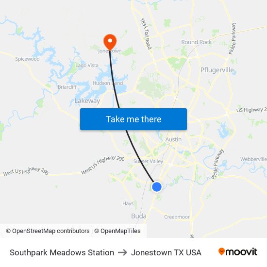 Southpark Meadows Station to Jonestown TX USA map