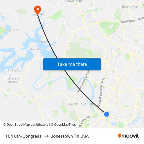 104 8th/Congress to Jonestown TX USA map