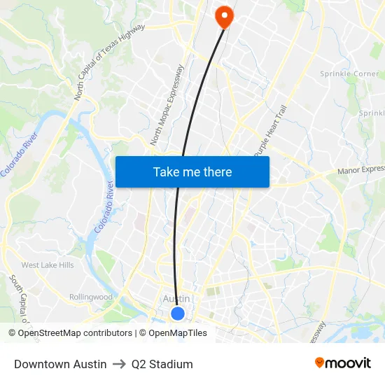 Downtown Austin to Q2 Stadium map
