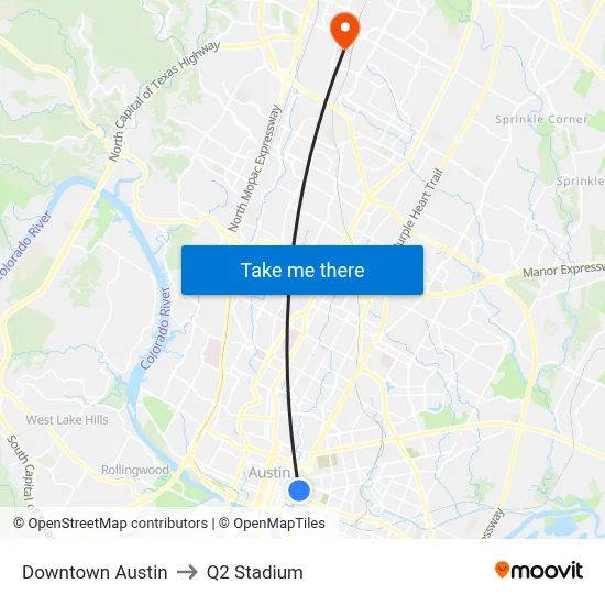 Downtown Austin to Q2 Stadium map