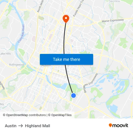 Austin to Highland Mall map