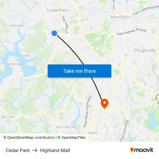 Cedar Park to Highland Mall map