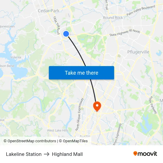Lakeline Station to Highland Mall map