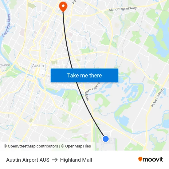 Austin Airport AUS to Highland Mall map