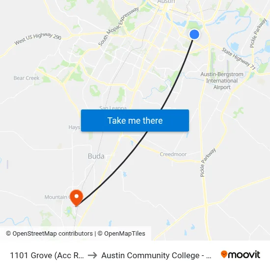 1101 Grove (Acc Riverside) to Austin Community College - Hays Campus map
