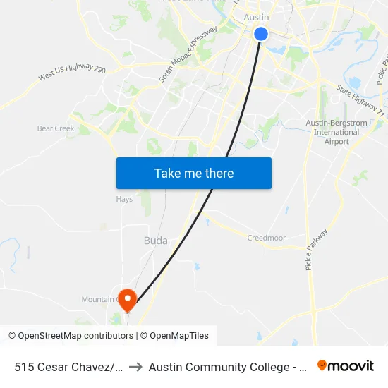 515 Cesar Chavez/Red River to Austin Community College - Hays Campus map
