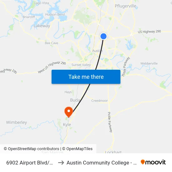 6902 Airport Blvd/Guadalupe to Austin Community College - Hays Campus map