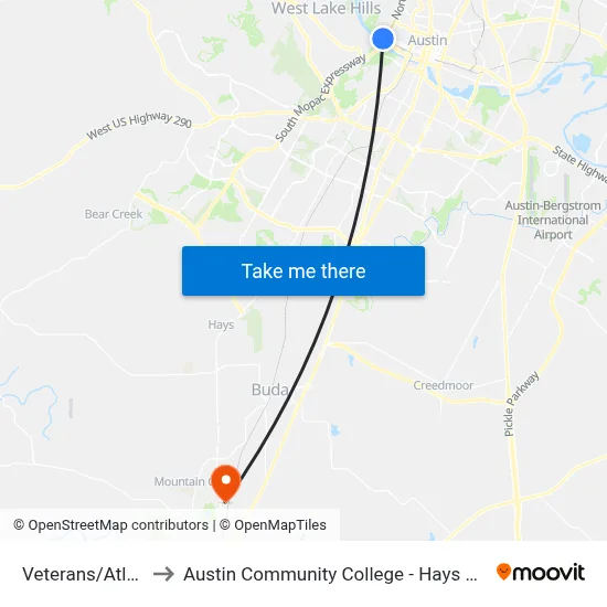 Veterans/Atlanta to Austin Community College - Hays Campus map