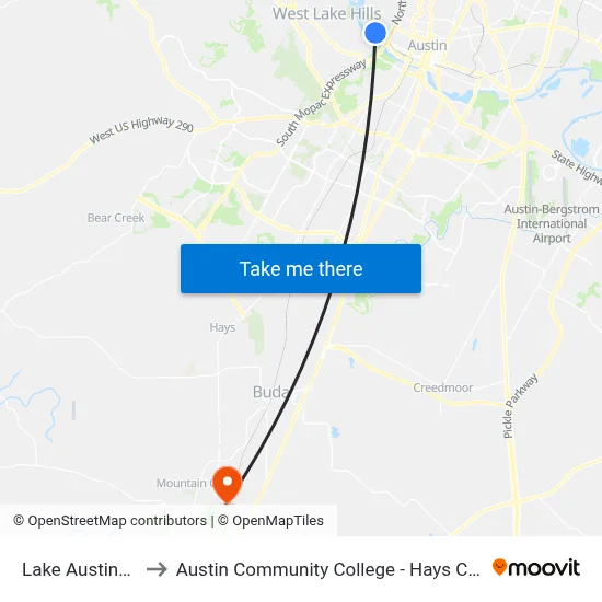 Lake Austin/7th to Austin Community College - Hays Campus map