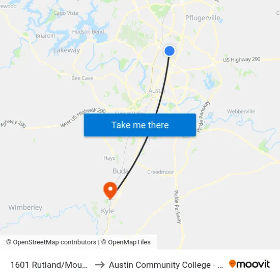 1601 Rutland/Mountain Quail to Austin Community College - Hays Campus map