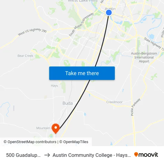 500 Guadalupe/5th to Austin Community College - Hays Campus map