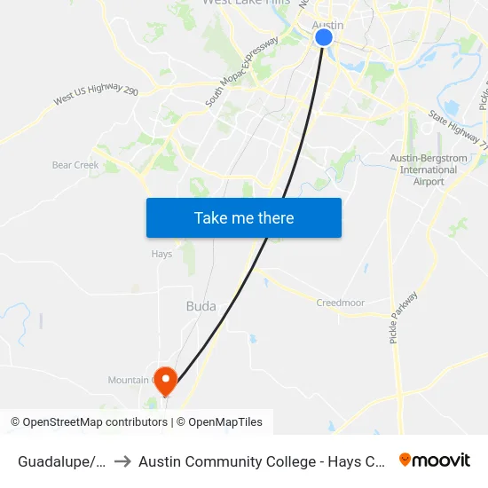 Guadalupe/4th to Austin Community College - Hays Campus map