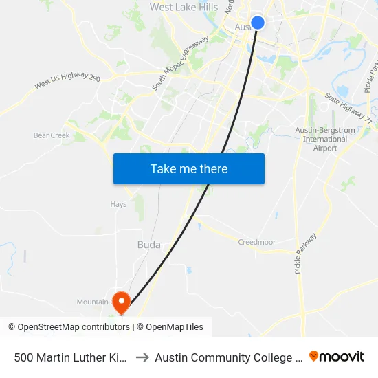 500 Martin Luther King/Red River to Austin Community College - Hays Campus map
