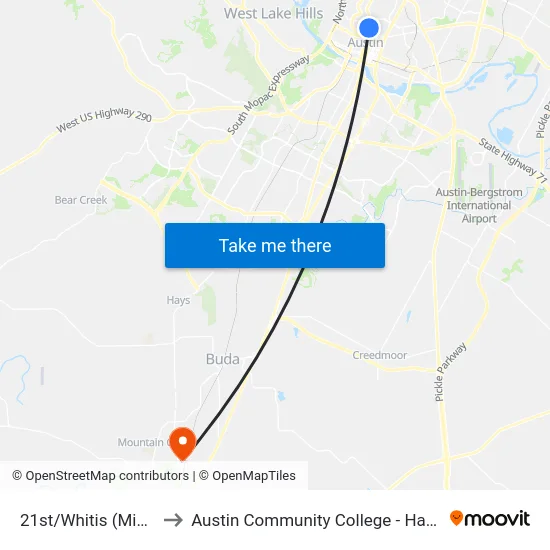 21st/Whitis (Midblock) to Austin Community College - Hays Campus map